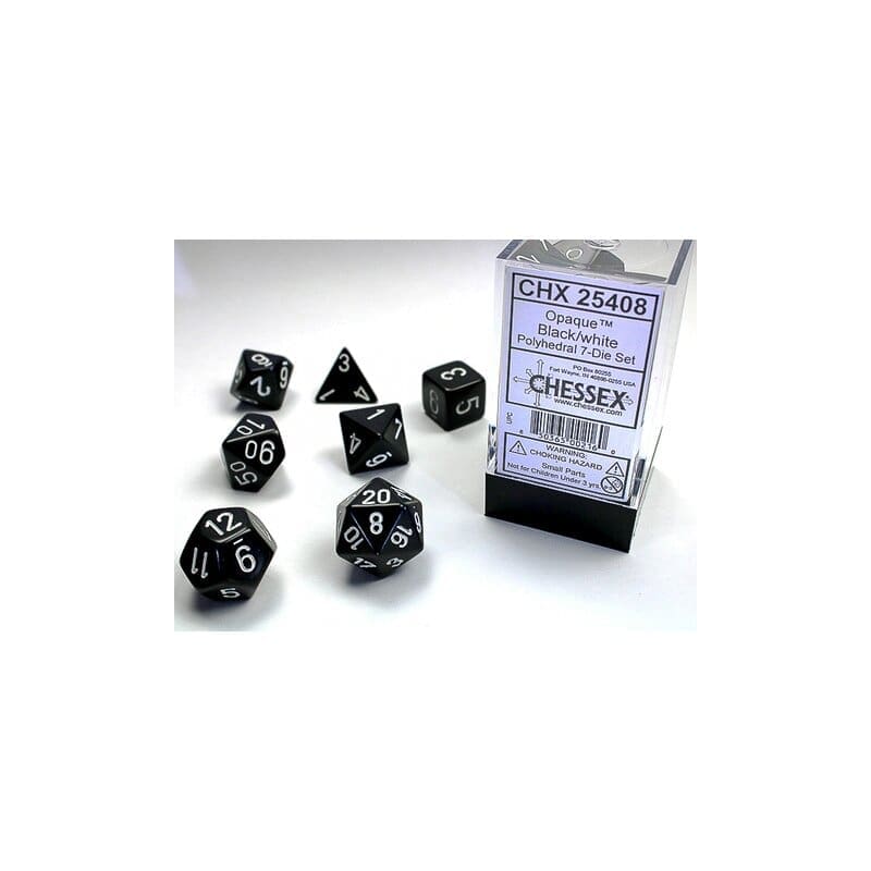 Chessex Opaque Black/White Polydice Dobbelsteen Set (7 stuks)